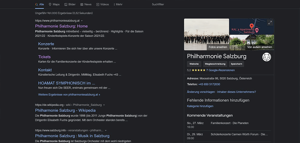 Screenshot eines GoogleMy Business Eintrags der Philharmonie Salzburg