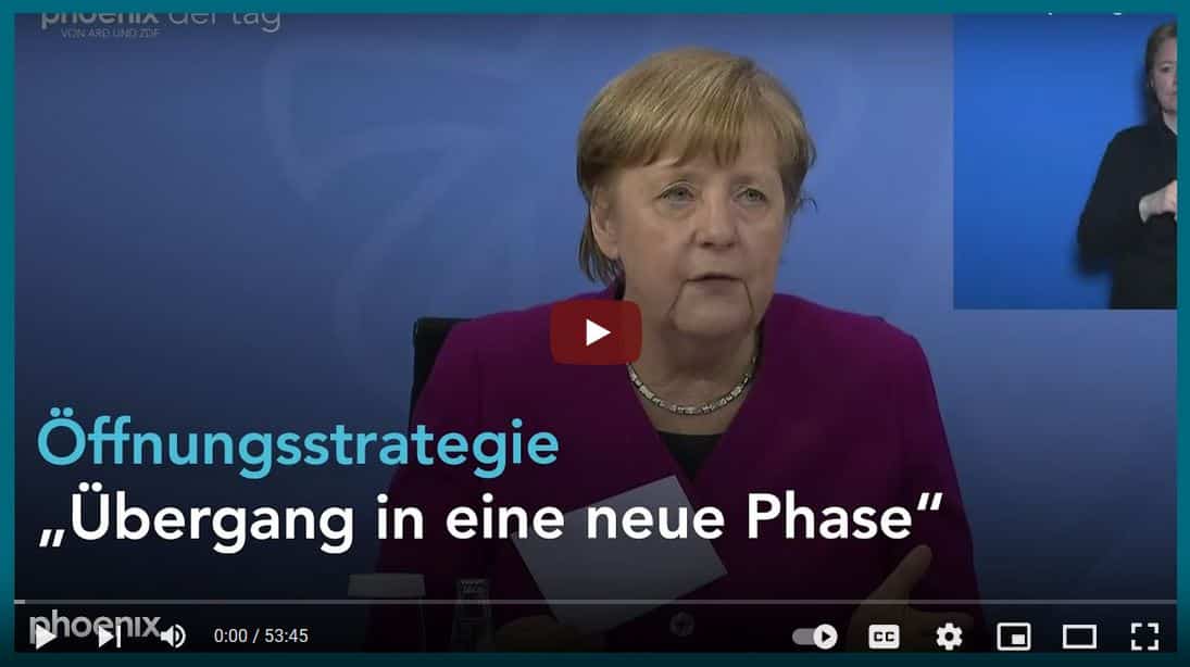 Thumbnail eines YouTube Videos zum Thema Öffnungsschritte, vorgetragen von Angela Merkel