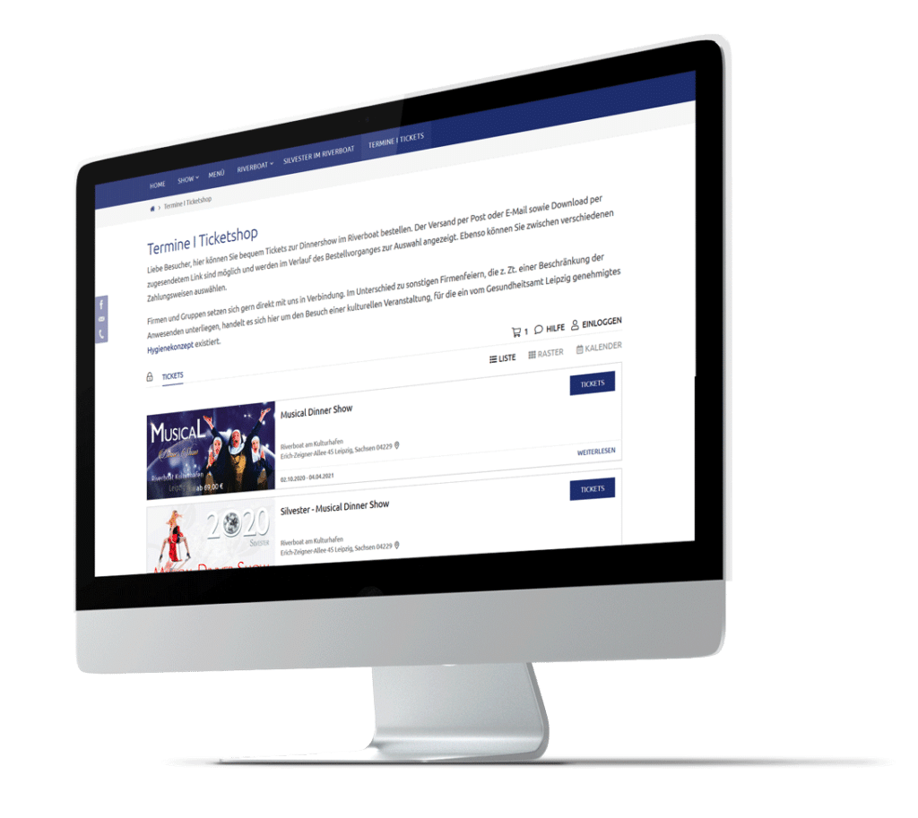 Desktop Bildschirm mit dem Ticketshop des Kulturkunden Musical-Dinner im Riverboat