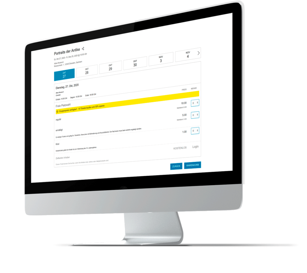 iMac mit dem Ticketshop und Auswahl von Gruppentickets