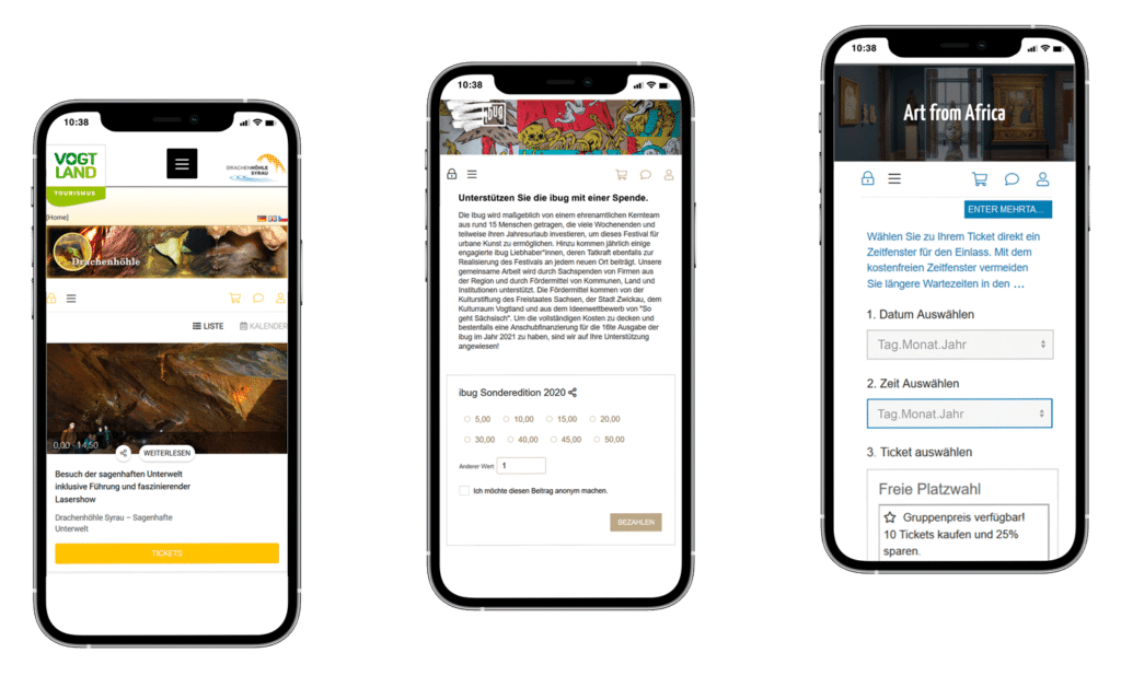 Drei Smartphones mit der Ansicht eines White Label Ticketshops, dem Spenden-Plug-in und Tickets mit Zeitfenster