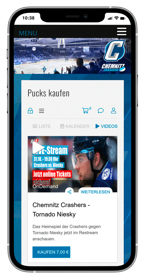 iPhone mit dem Ticketshop der Chemnitz Crashers zur Auswahl von Livestream-Tickets