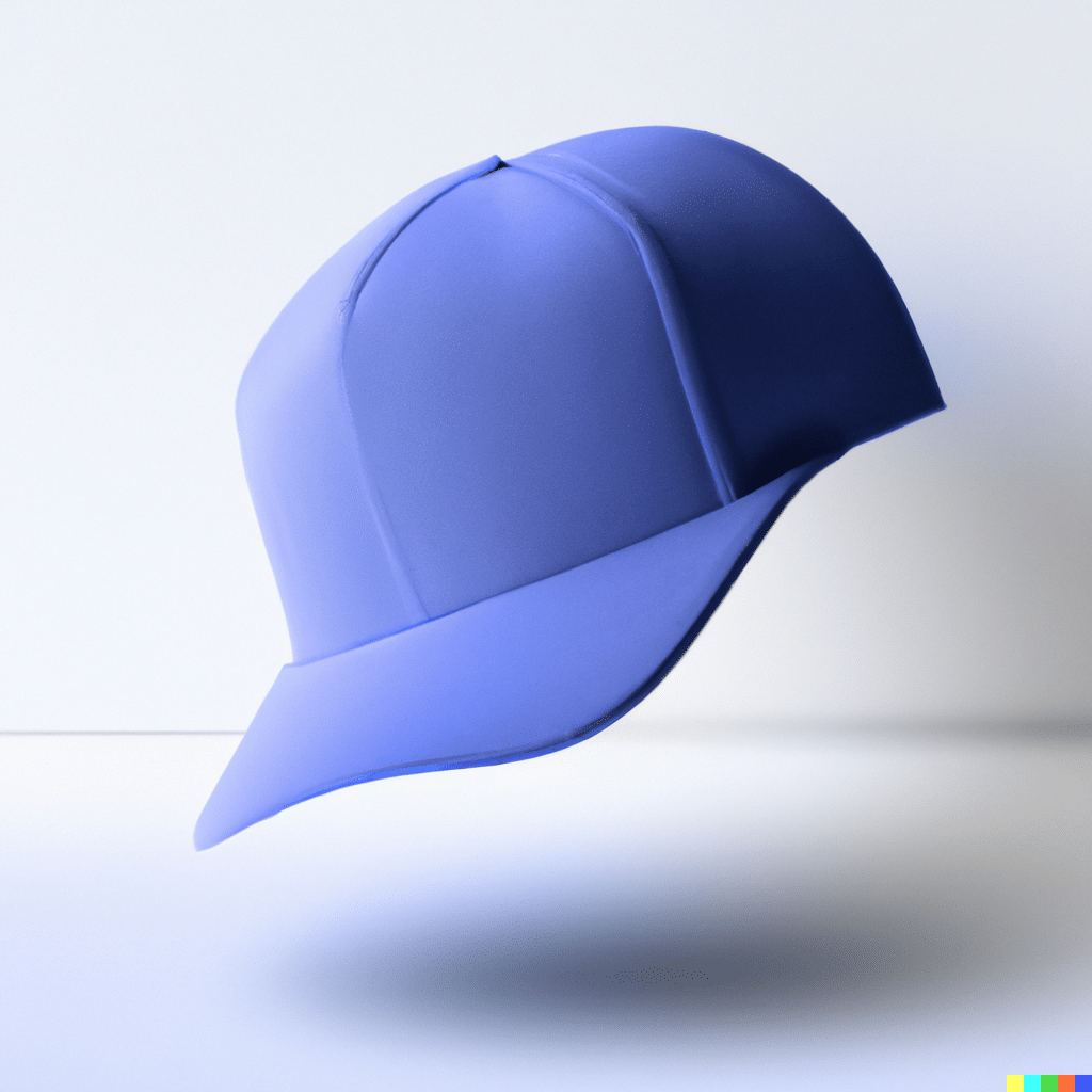 A blue baseball cap floats in front of a white wall