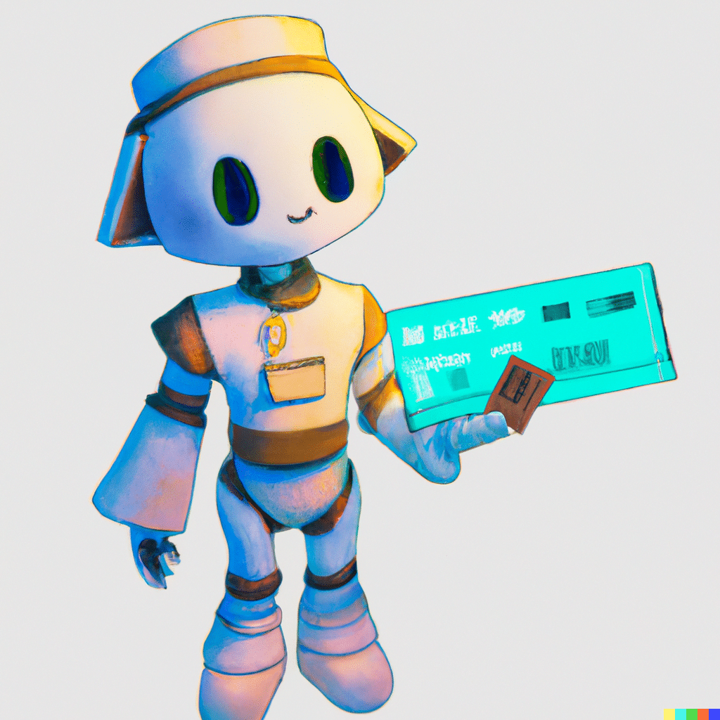 An illustrated cute robot holds a ticket in his hand, created by an AI