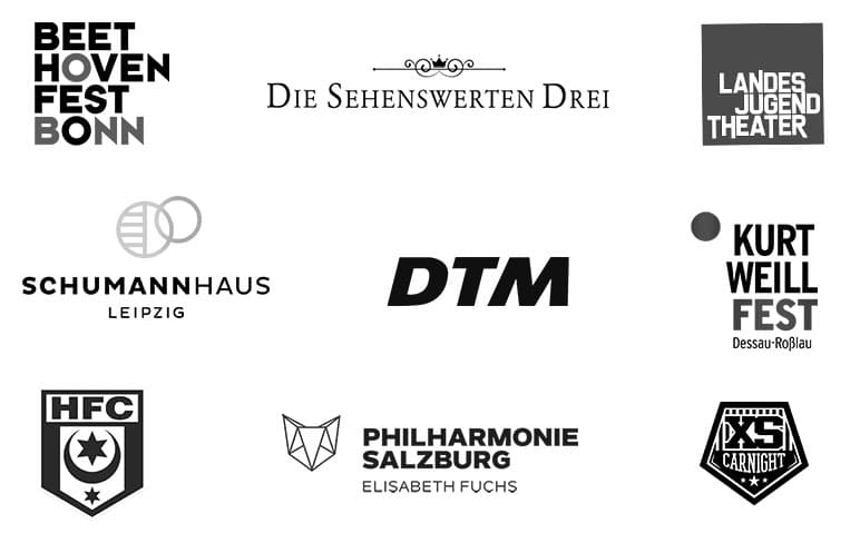 Logos der Veranstaltungen mit denen wir zusammenarbeiten: DTM, Beethovenfest Bonn, Hallescher FC uvm.