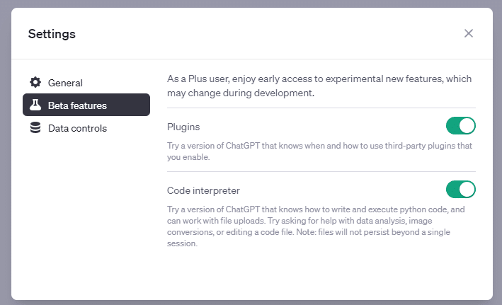 Screenshot of ChatGPT's window "Settings" for enabling plugins