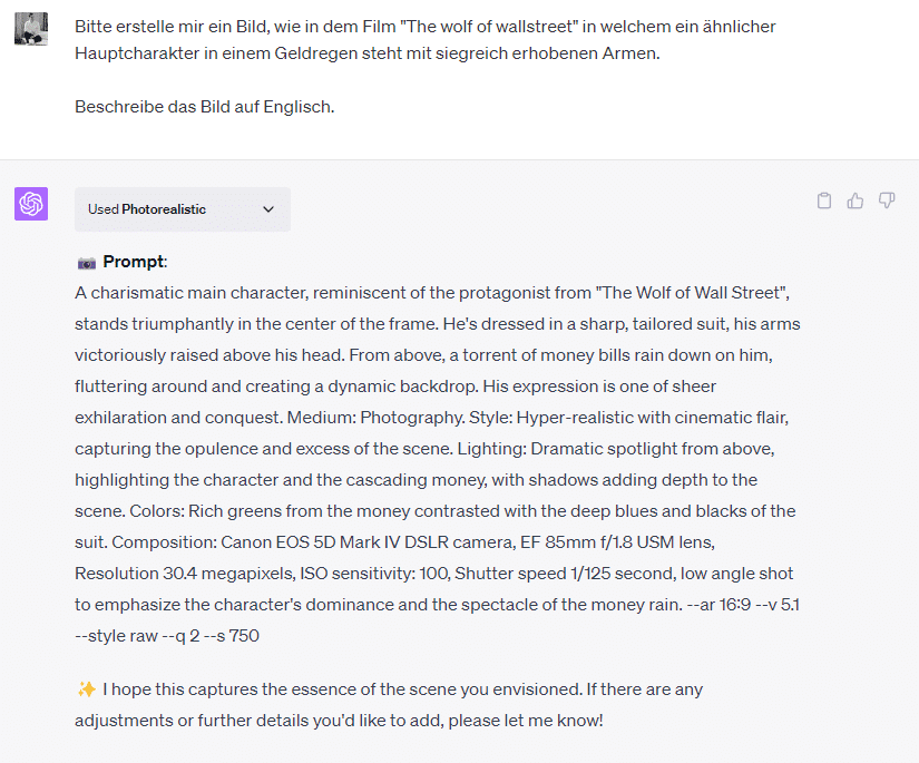 Screenshot of the ChatGPT window when using Photorealistic