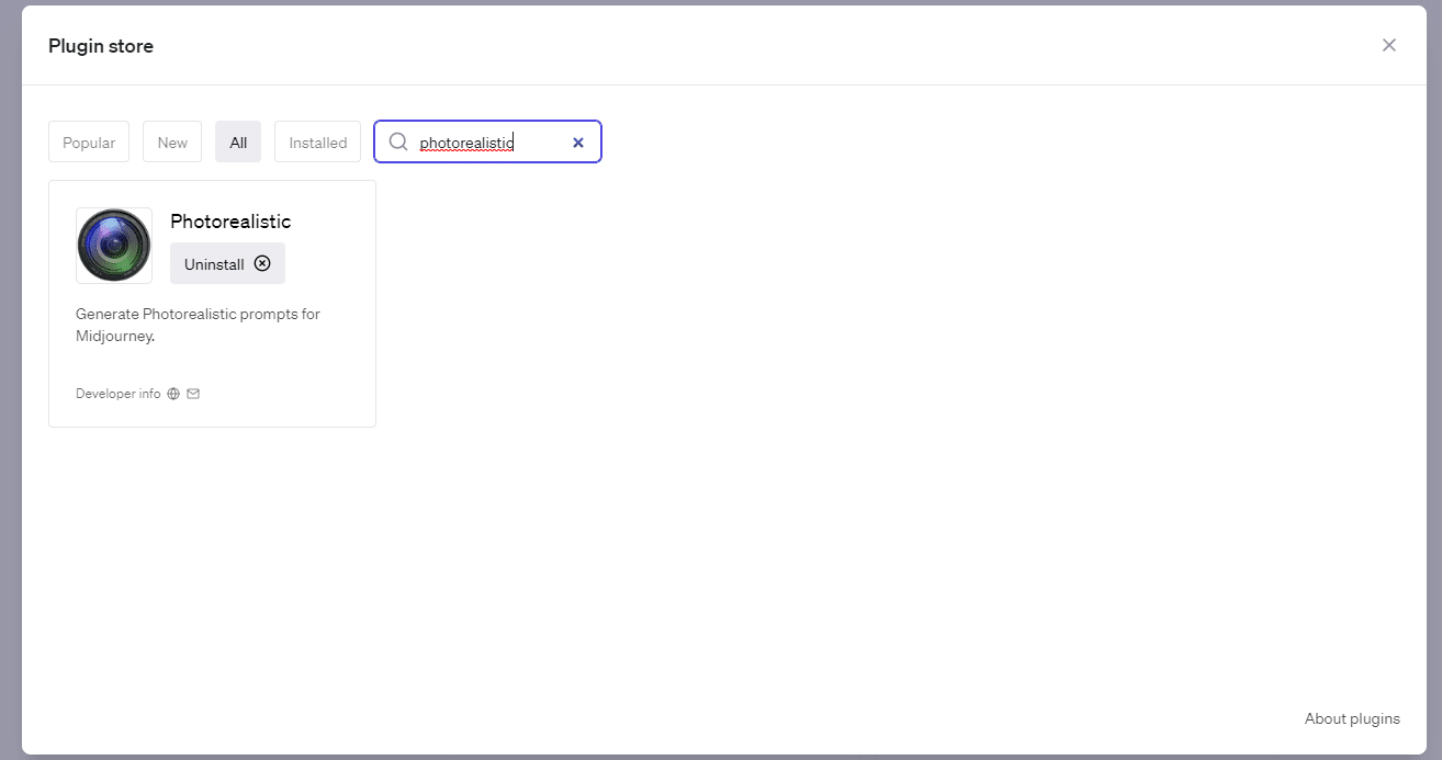 Screenshot des ChatGPT Fensters zur Suche von PlugIns