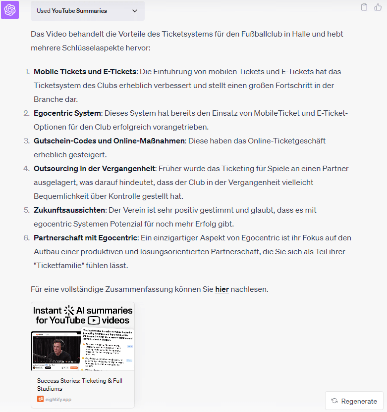 Screenshot of a ChatGPT window with the YouTube Summarie plugin, which summarizes content with a certain filter