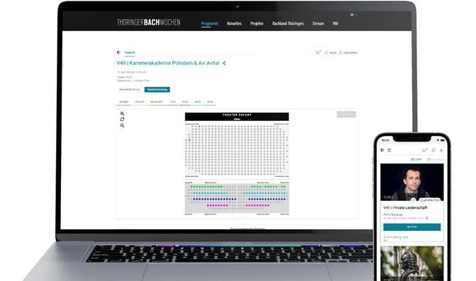 Ticket shop of the Thuringian Bach Festival with seating plan view on a laptop and in mobile view