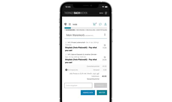 View the shopping basket in the Thüringer Bachwochen ticket shop