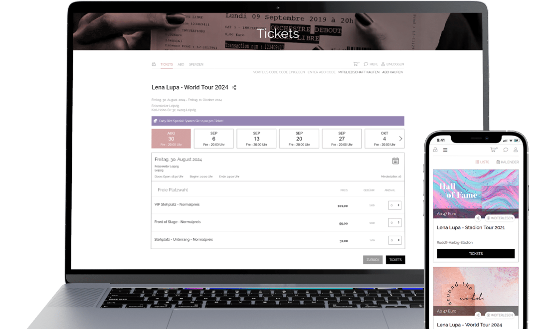 Preview of a white label ticket shop on a laptop and a smartphone