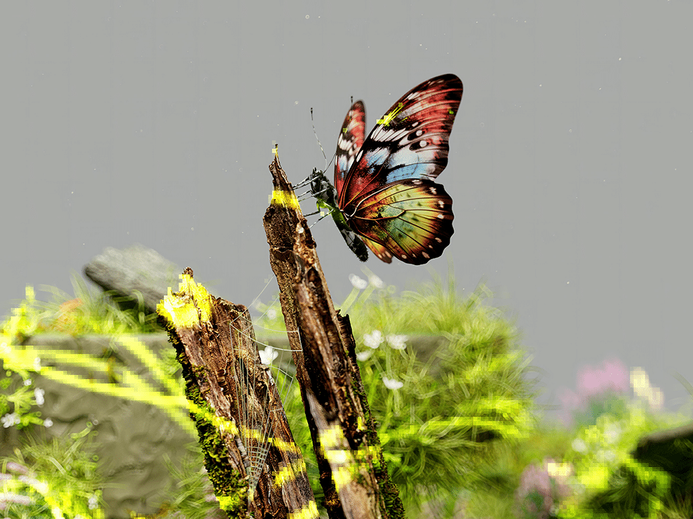 Schmetterling auf Baumstumpf mit Pixeln