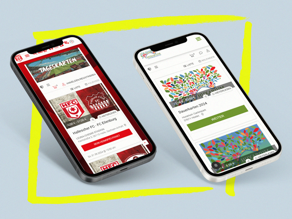 Zwei Handys auf blauem Hintergrund mit gelben Rahmen, White Label Ticketshop auf Bildschirm