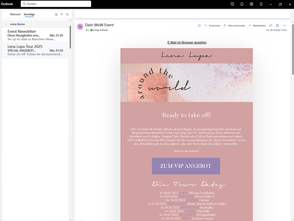 Outlook-Fenster mit der Vorschau einer Pre-Show Email für eine Weltournee