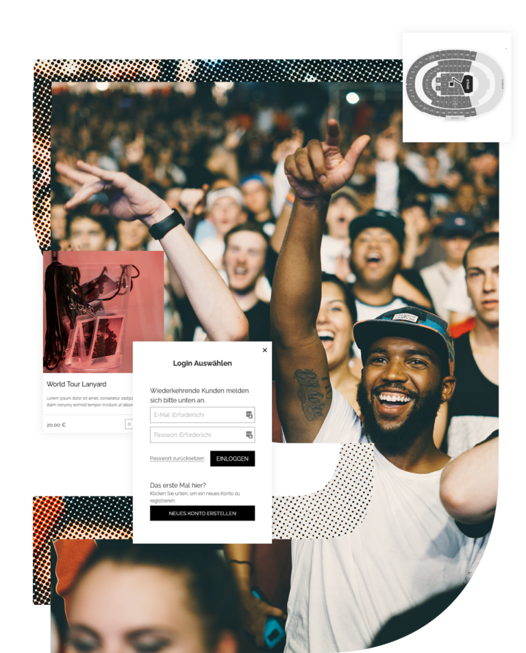 Eine begeistertes junges Publikum, dass sichtlich Spaß hat. Darum sieht man Screenshot-Ausschnitte des Online Ticketshops.