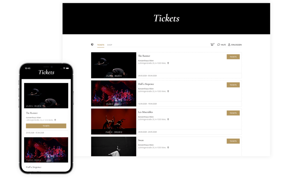 Vorschau eines Ticketshops in der mobilen und der Desktop-Ansicht