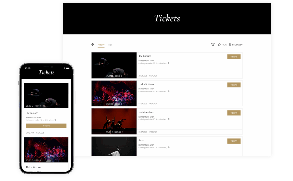 Preview of a ticket shop in mobile and desktop view