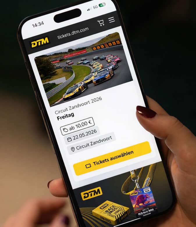 Ausschnitt des DTM Ticketshops auf einem Smartphone.